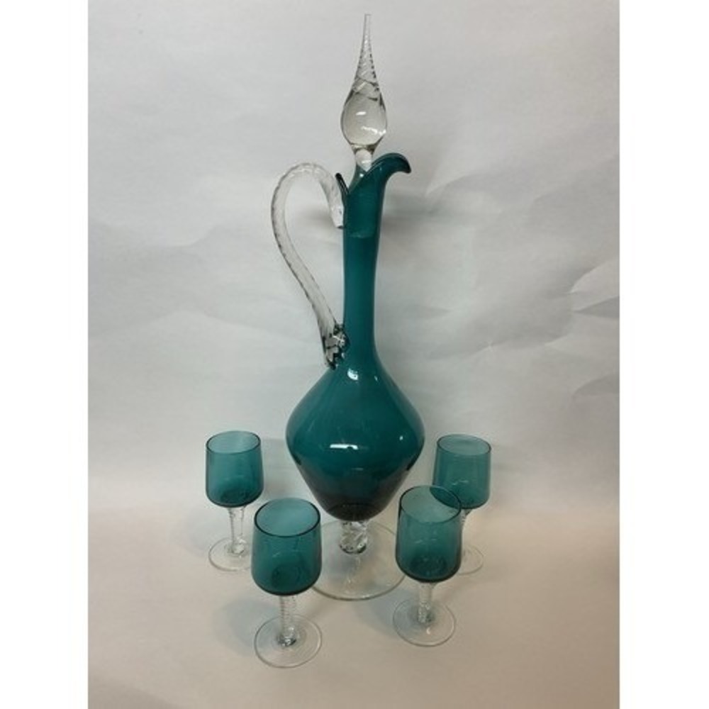 Vintage Empoli Teal Green Murano Hand Blown Italia Decanter & 4Glass Set 15.5"T‎